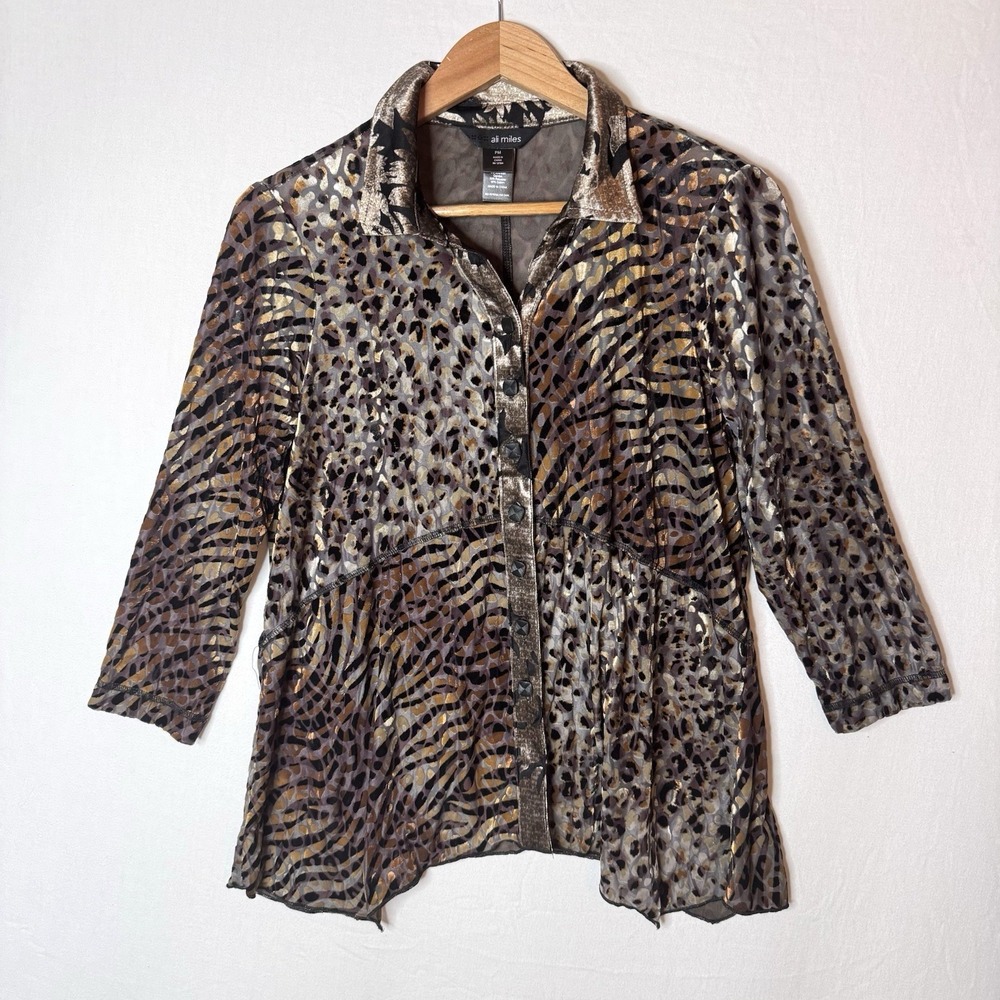 Ali Miles Animal Print Button Tunic Top Brown Velvet Burnout Glam‎ Sz M Petite